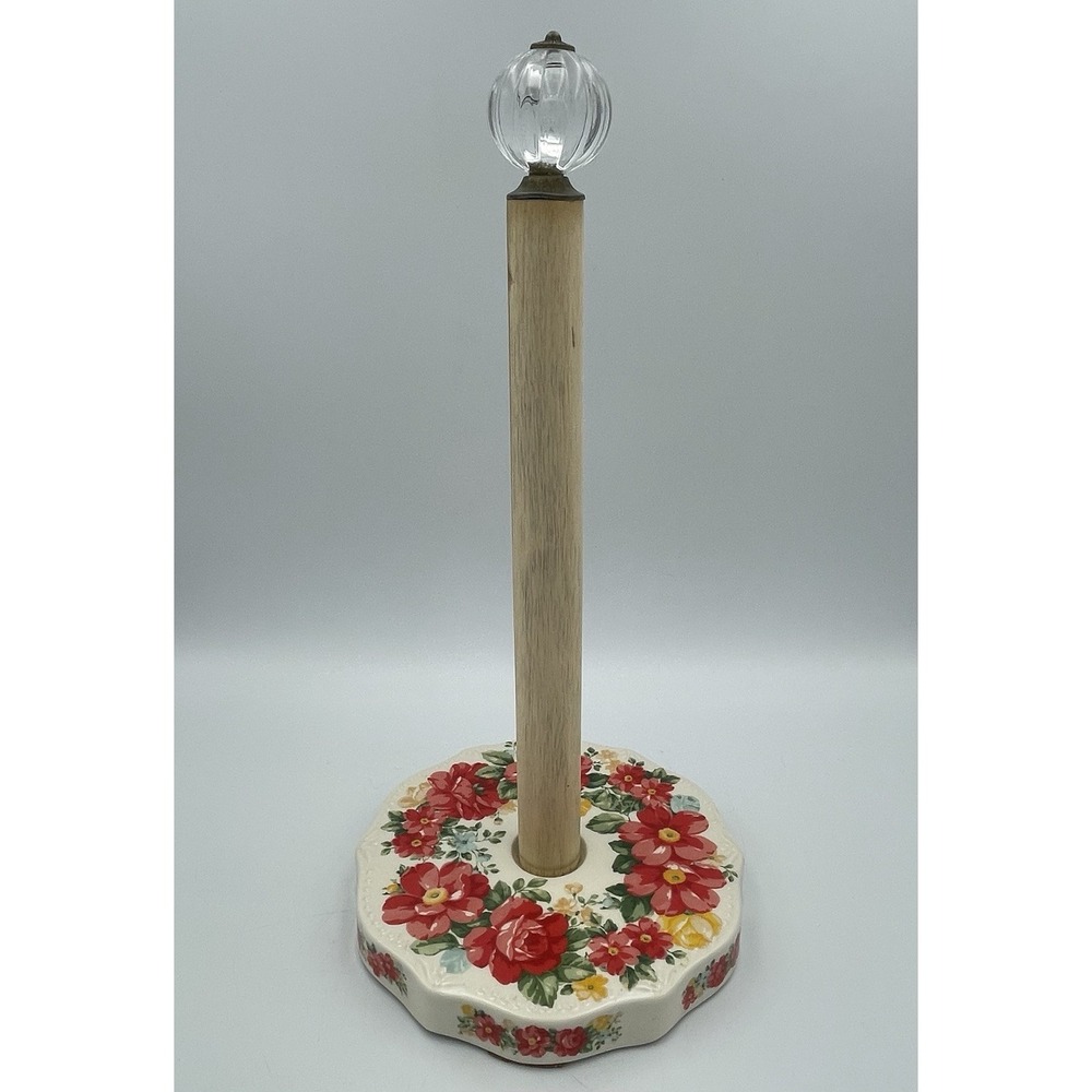 Pioneer Woman Paper Towel Holder Floral Acacia Wood Stoneware Farmhouse Cottage
